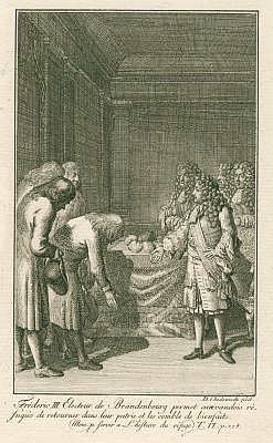 Chodowiecki - Frederick III, Elector of Brandenburg, permits Waldensian refugees to return to their homeland and showers them with gifts.